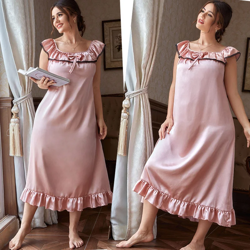 Night Dress Women Satin Solid Sleepdress Women Sexy Sleepwears Nightgown Sexy Summer Sleepshirt Nightdress New Plus Size Lingere