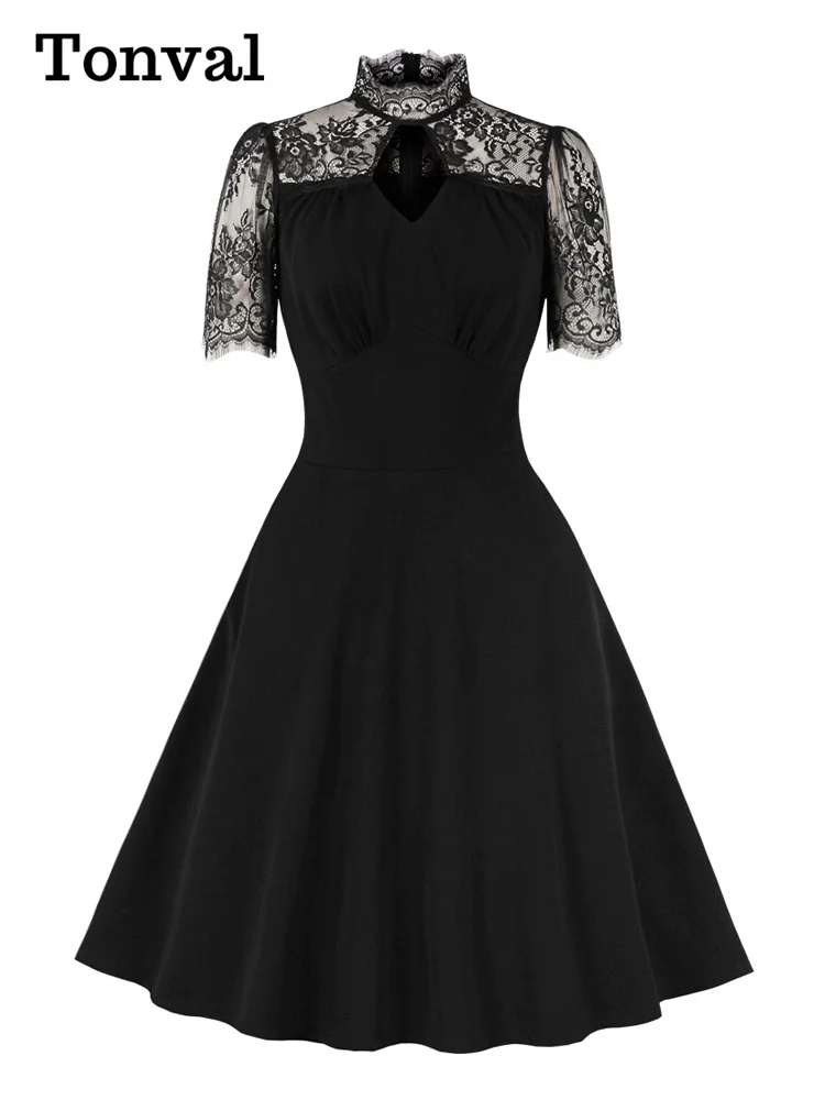 

Tonval Stand Collar Hollow Out Front Lace Sleeve Elegant Night Party Dresses for Women Vintage Style Pockets Black Dress