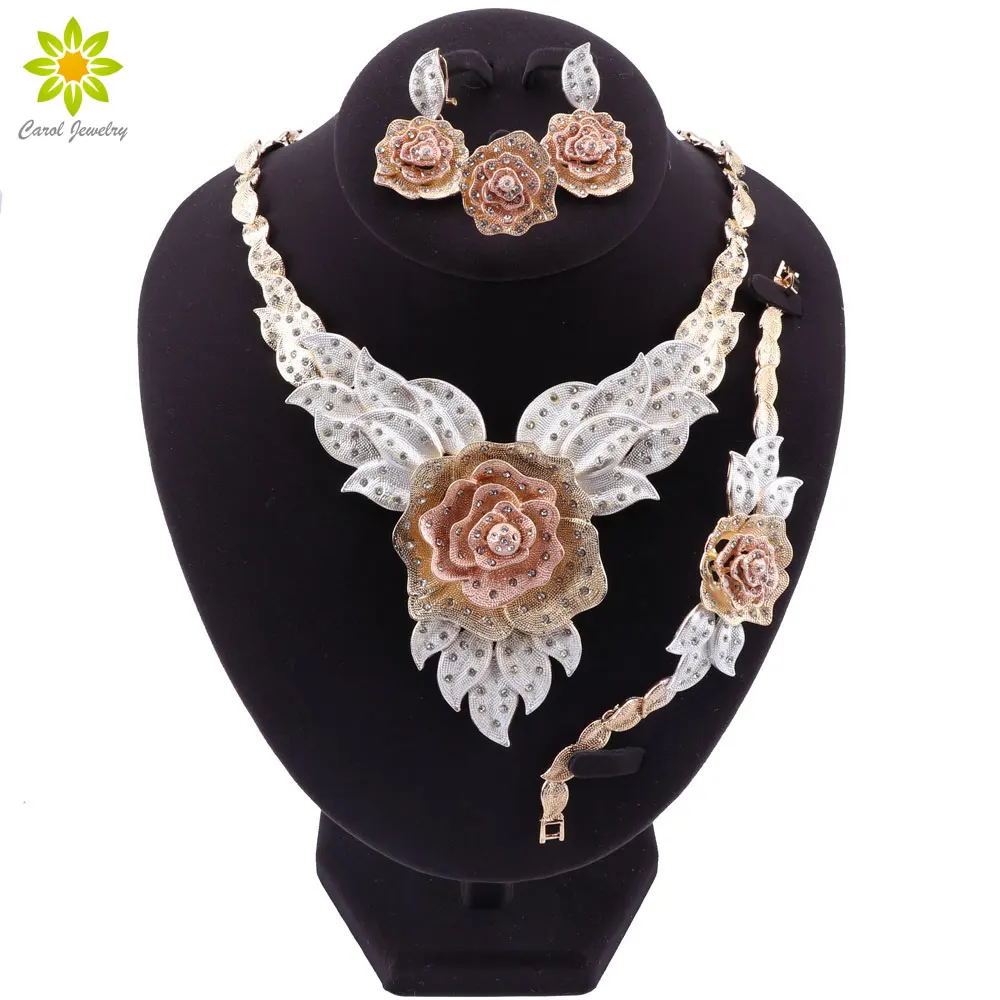 

Dubai Gold Color Flower Necklace Earrings Set Fashion Nigerian Wedding African Beads Jewelry Sets Costume Dubai For Women