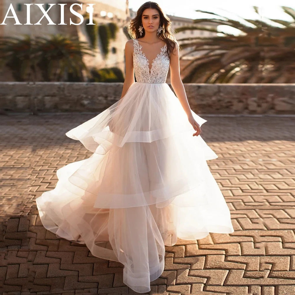 

Wedding Dress Appliques Beads Tiered Pleat Vestidos Bridal Gowns Illusion O Neck Tank Backless Formal Robe De Mariee