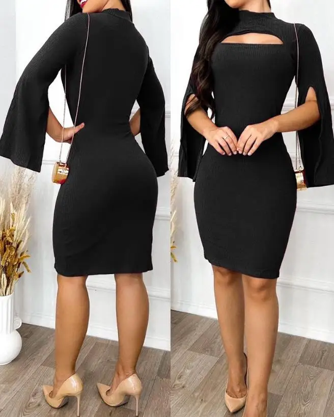 

2023 Summer Elegant Cloak Sleeve Dress A Sense of niche Design Cape Sleeve Cutout Long Sleeve Fashion Skinny Midi Work Dress