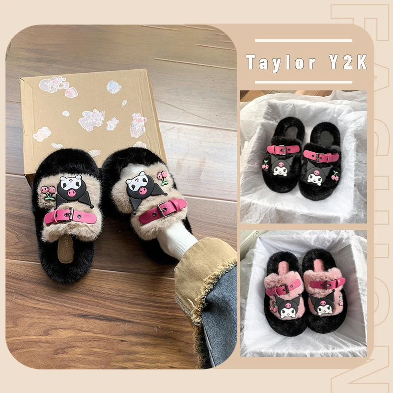 

Sanrio Kuromi Plush Slippers Anime Figure Y2K Sweet Girl Winter Shoes Thick Sole Comfortable Home Cotton Shoes Can Be Outworn