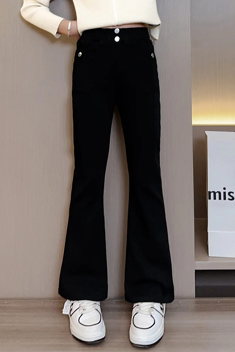 Джинсы-клеш для девочек 4-10 лет модные однотонные длинные штаны с красной