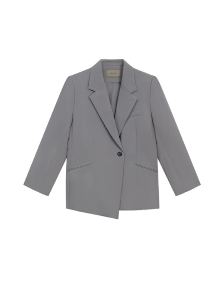 

2022 Women Autumn Solid Color Turn-down Collar Suit Outerwear Irregular Clipping Long Sleeve Single Button Casual Blazer Coat