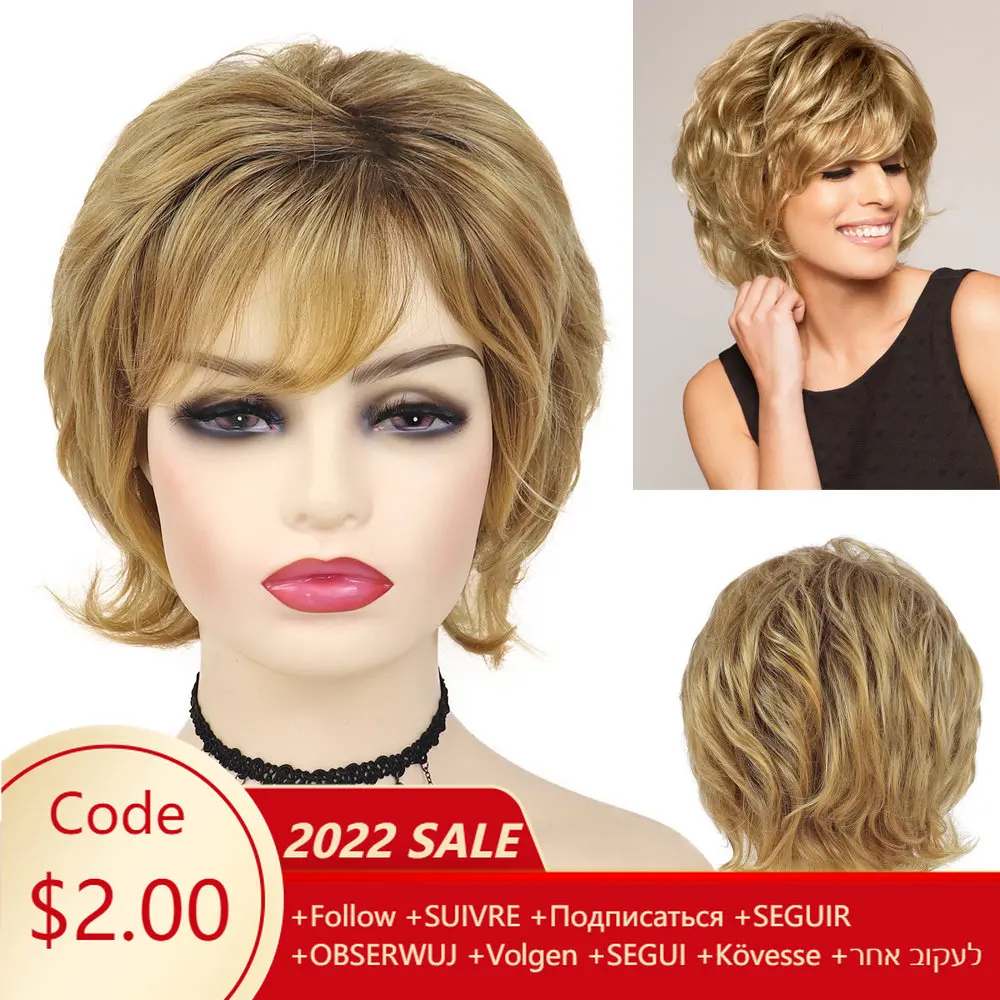 

GNIMEGIL Synthetic Blonde Wigs for Women Short Curly Wig with Bangs Natural Hairstyles Pixie Cut Mommy Wig Halloween Cosplay Wig