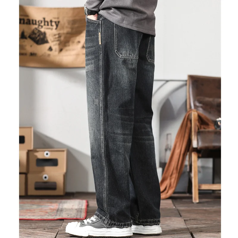 Men Clothing New Recreational Vintage Broad Leg Blue Black Jeans Straight Cylinder Large Loose The Floor Trousers Autumn Female