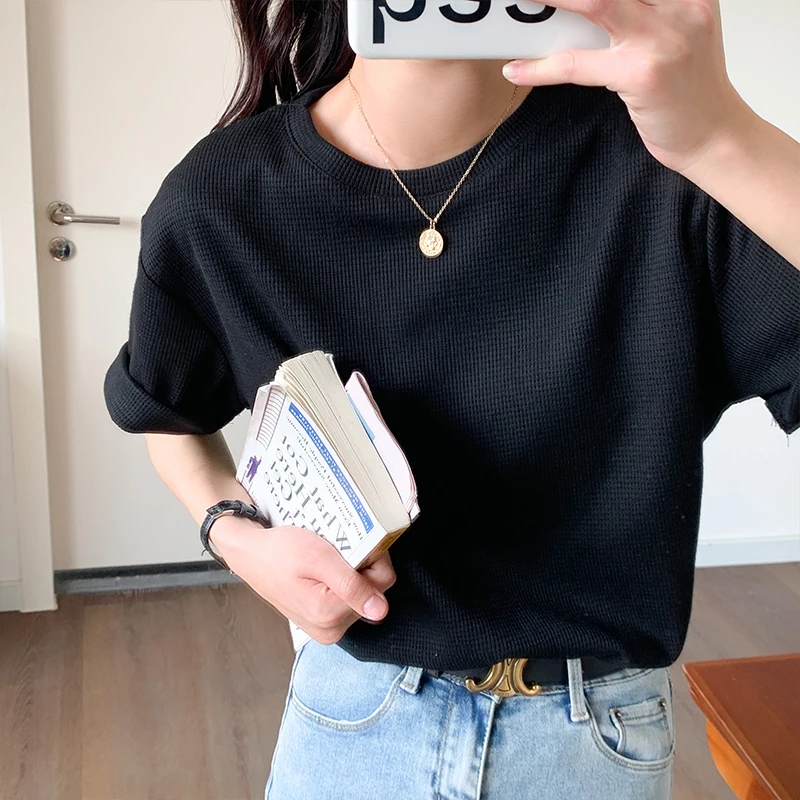 Футболка женская с вафельным принтом офисный простой Повседневный Топ лето |