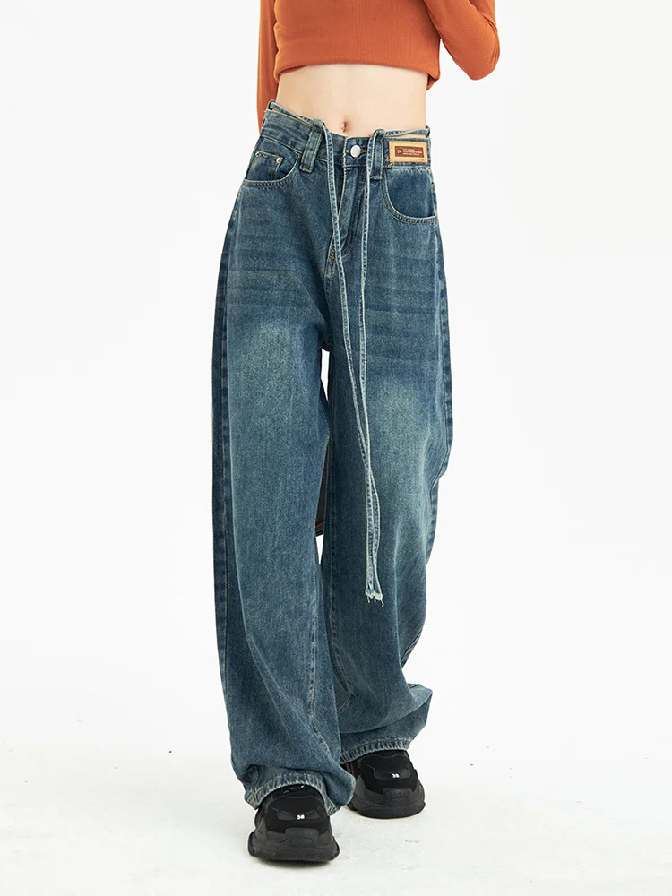 

Популярные джинсы, 2023 Женские винтажные мешковатые прямые джинсы с высокой талией и широкими штанинами, свободные джинсы со шнуровкой, брюк...