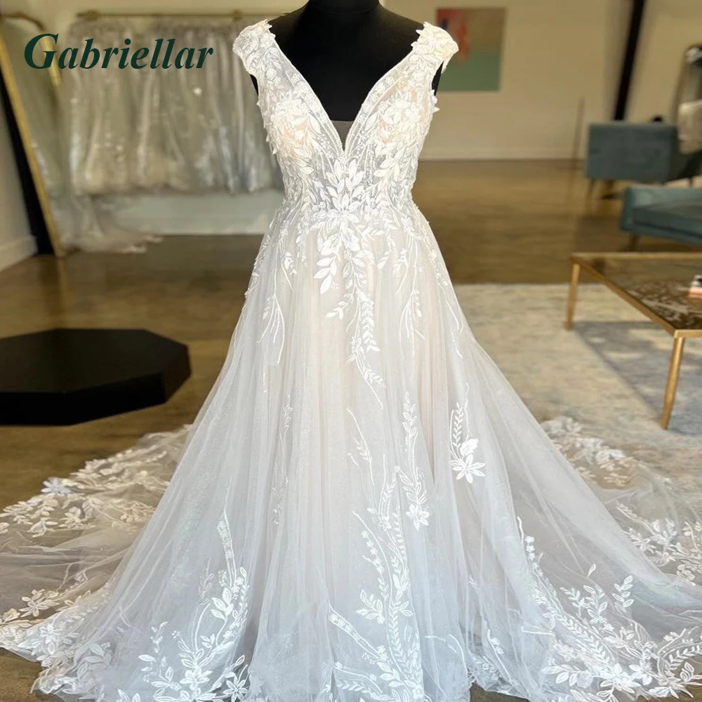 

Gabriellar Attractive A-line Wedding Dress For Brides Lace Appliques V-neck Bling Tulle Backless Vestido De Noiva Made To Order