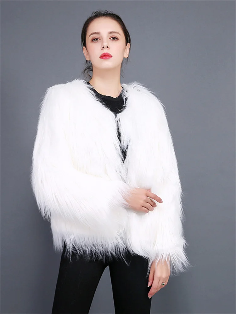 Faux Fur Coat Women 2022 Autumn Winter New Fashion Short Slim Long Sleeve Pockets Black Pink Water Wash Lamb Hair Outwear Female