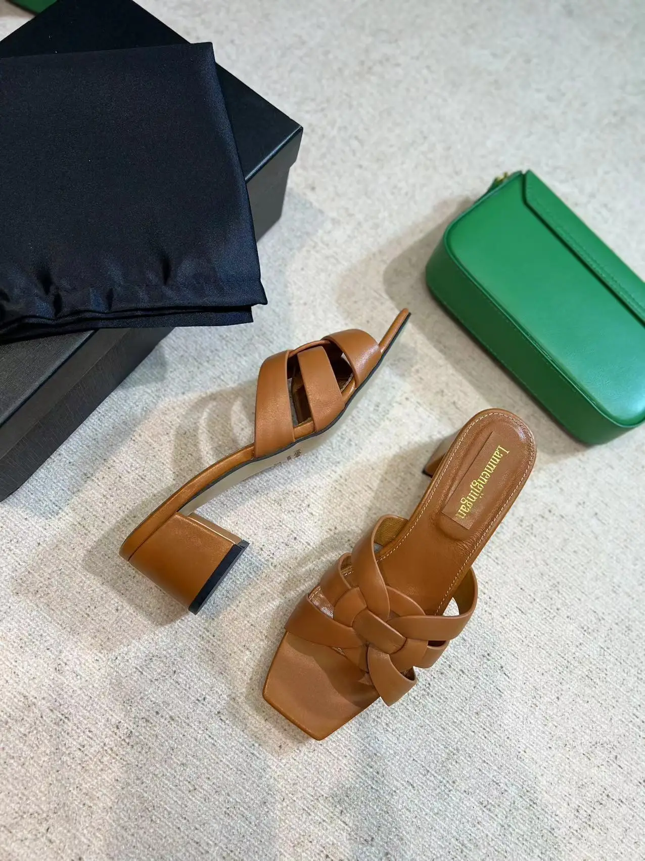 Fashion square head high heel full leather slippers, cowhide upper, sheepskin lining, comfortable women's shoes, summer sandals