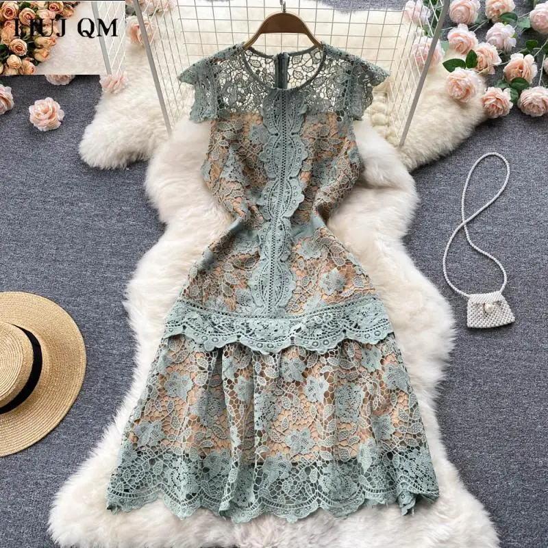 

2022 Fashion Lace Ruffle Runway Summer Dresses Women Sleeveless O-neck Irregular Lace Hollow Out Slim Green Dresses Vestidos