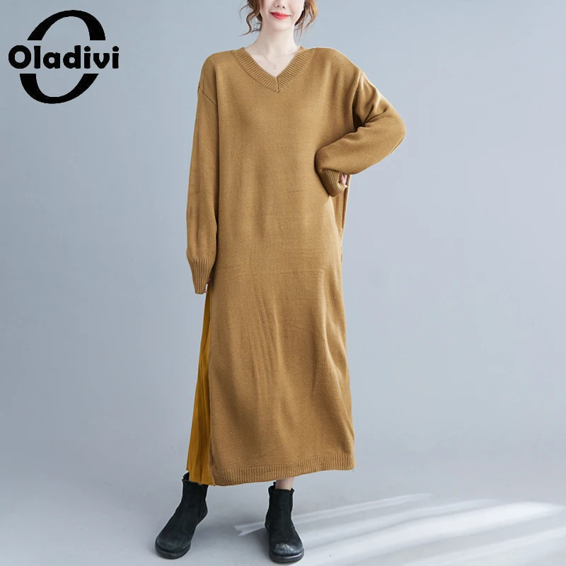 

Oladivi Oversized Fashion Women Plus Big Sweater Dress Spring Autumn Casual Loose Long Sleeve Patchwork Dresses Vestidios 9902