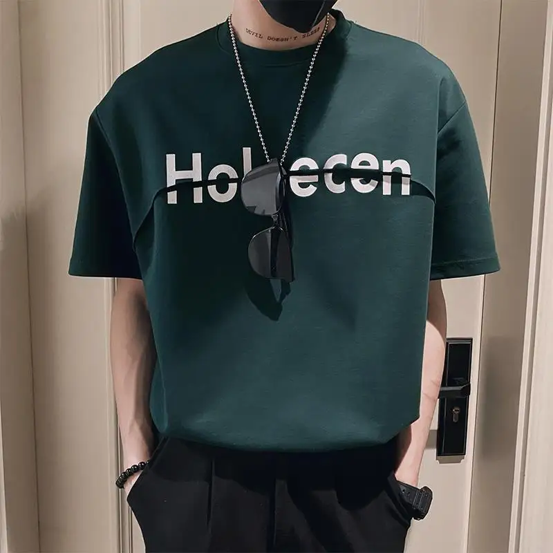 

Свободная Модная рубашка с круглым вырезом, летняя футболка с буквенным принтом, новинка 2023, мужская одежда с короткими рукавами, пуловеры, футболка, Повседневный корейский принт