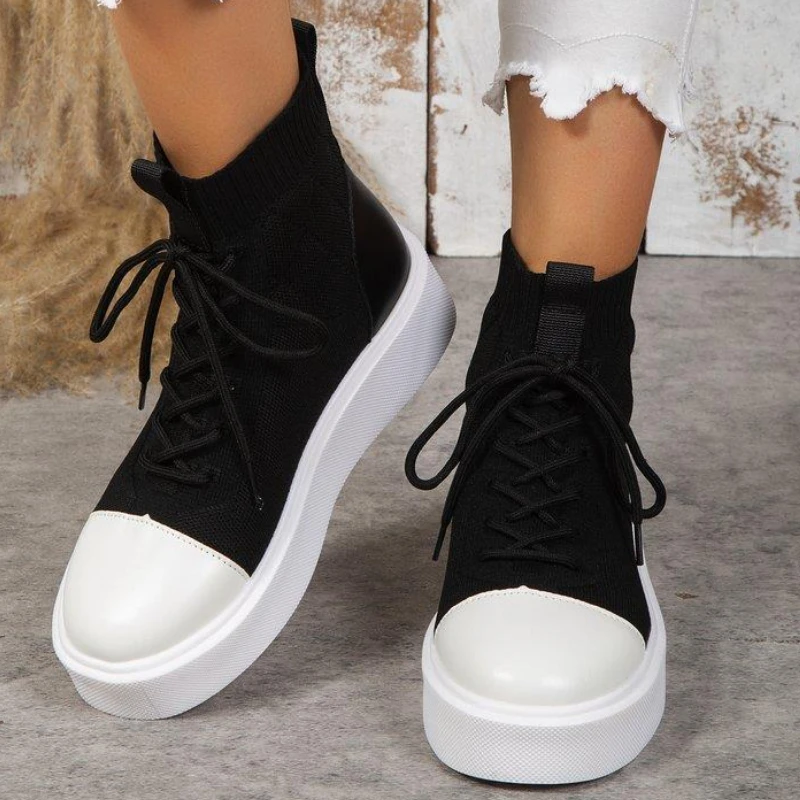 

кроссовки для девочек обувь на платформе кроссовки женские Женские высокие ботинки, модные кроссовки на толстой подошве, на шнуровке, с круглым носком, однотонные короткие ботинки для отдыха, Zapatilla Deportiva Mujer