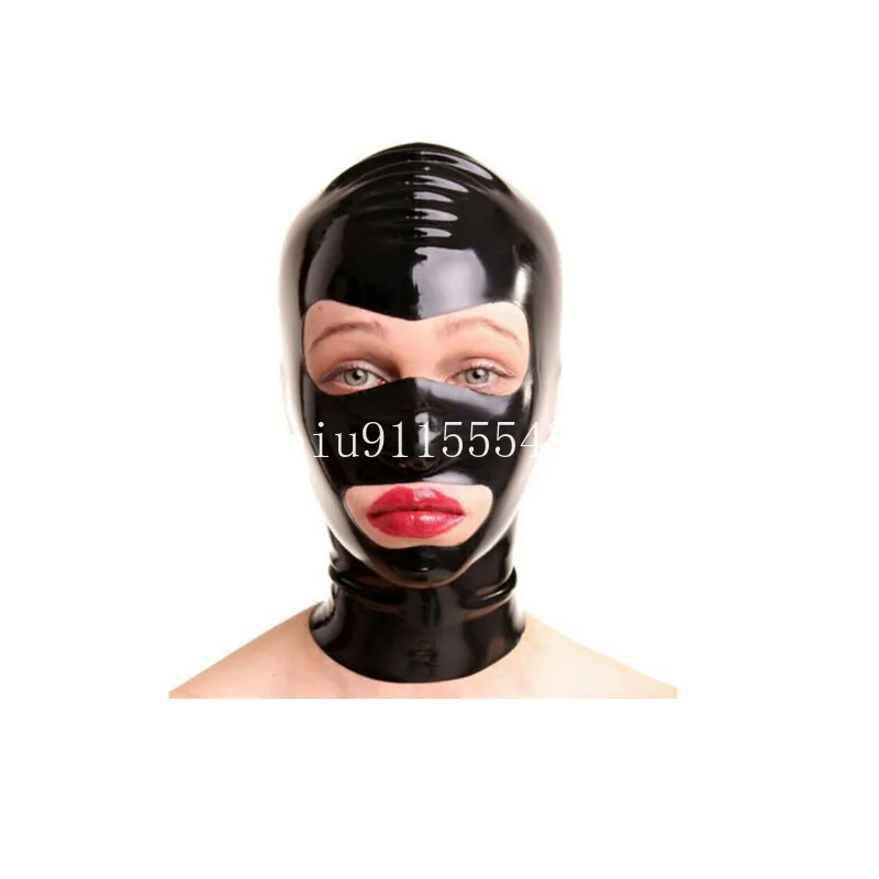 

Черная латексная резиновая маска с капюшоном открытые глаза и рот с застежкой-молнией сзади для фетиша костюм кошки вечерние ринки Хэллоуи...