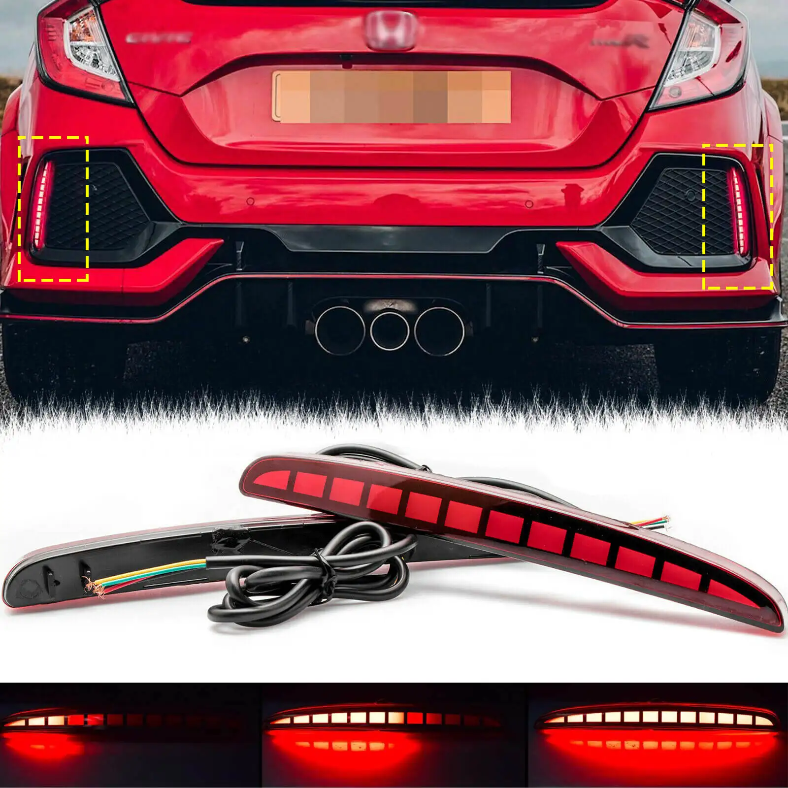 

2Pcs LED Rear Bumper Reflector Tail Brake Light Sequential Turn Signal Lamps For 2017 2018 2019 2020 2021 Honda Civic Hatchback