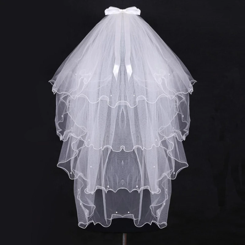 

4 Tier Layered Womens Wedding Veil Imitation Pearl Handmade Beaded Ribbon Bowknot Decor Agaric Wavy Trim Bridal Veil With Comb