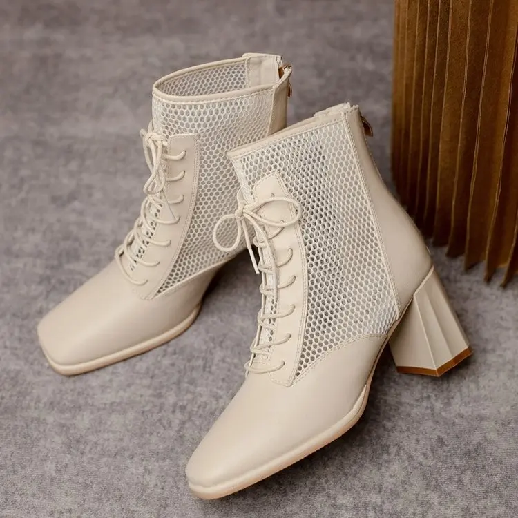

Zipper Mesh Hollow Out Breathable Single Shoes Women High Heels Cool Boots 2022 New Spring Summer Boots Women Ankle Boots