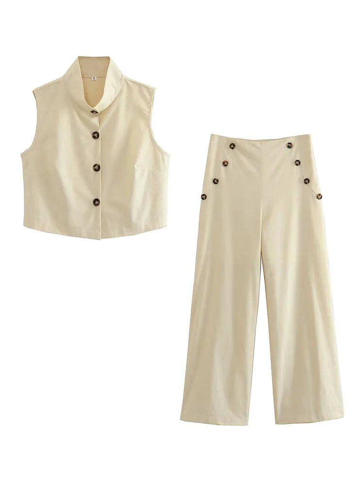 

Женская одежда для ранней осени, Однотонный женский топ на пуговицах + повседневные прямые широкие брюки с высокой талией