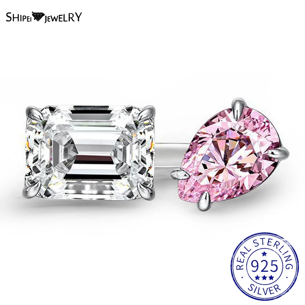 

Shipei 925 Sterling Silver Pear/Emerald Cut Created Moissanite Gemstone Party Cocktail Open Ring For Women Fine Jewelry Gift