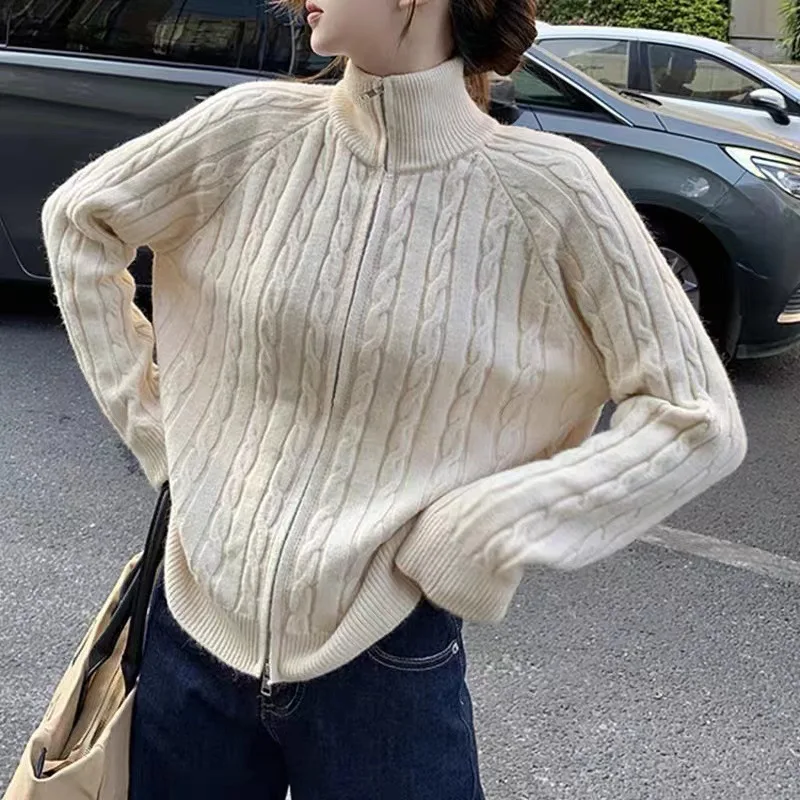 

HighneckFried DoughTwistssoft waxysweaterwomen'slazywind in autumn and winter wear double zipper knitting cardigan inside women