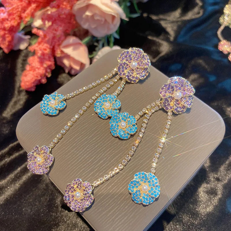 

Bilincolor Windmill Purple and Blue Flower Long Tassel Earring for Women