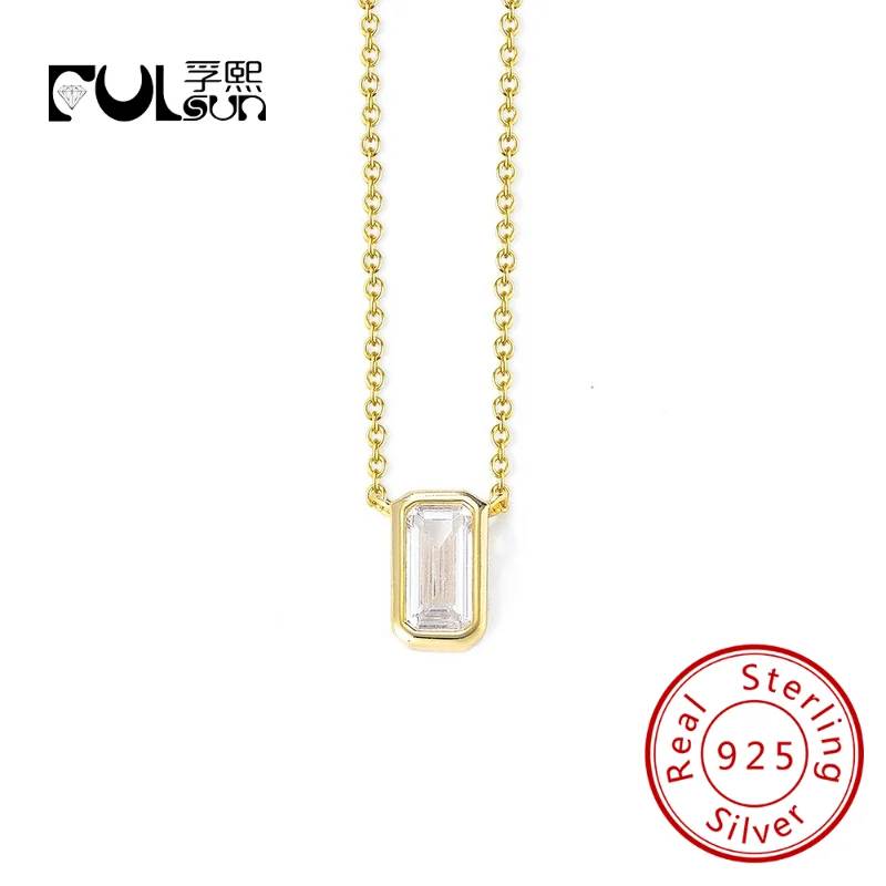 

925 Sterling Silver Necklace White Cz Rectangle Emerald Shape Gold Plated Pendant Necklace