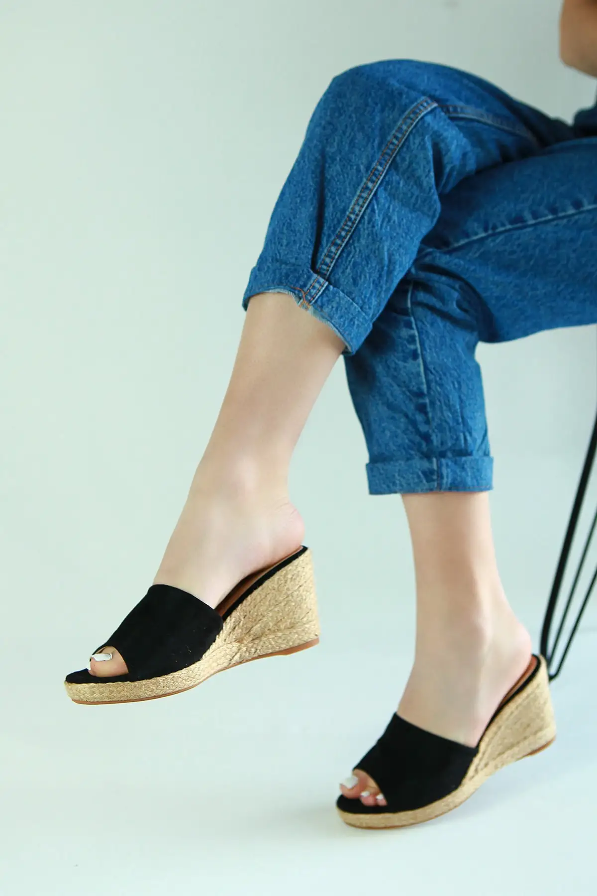 Women's Black Suede Wedges Slippers