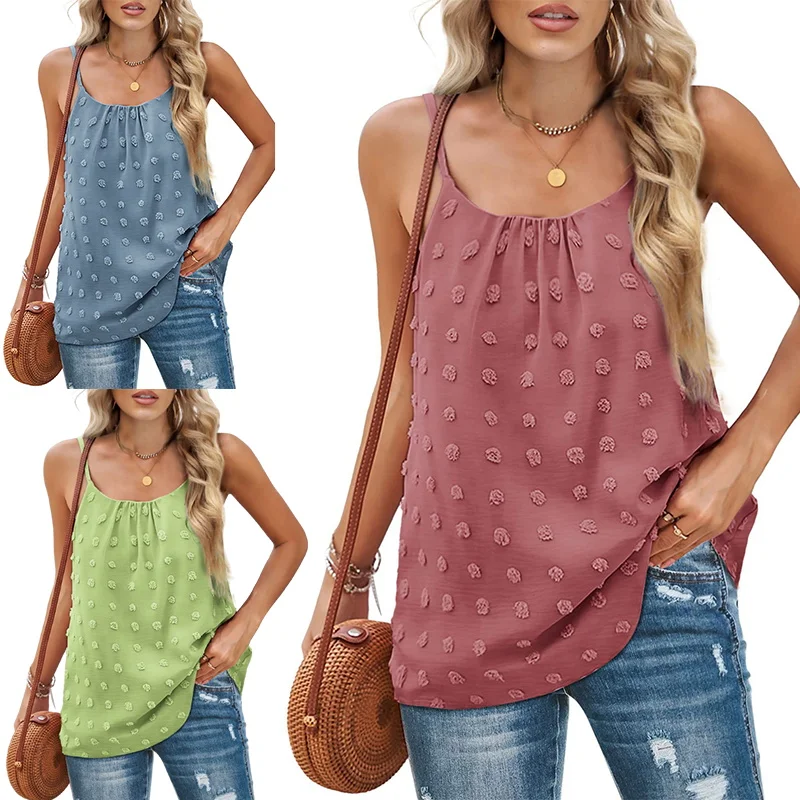 New Women's Summer Round Neck Polka Dot Sleeveless Adjustable Sling Vest Ladies Fashion Solid Color Top Casual Tees Loose Blouse