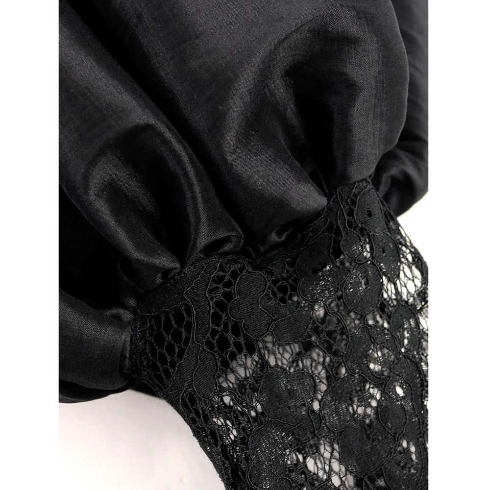 Plus Size Fashion celebrity fat mm lace stitching Lantern Sleeve high waist split black robe dress women's dress