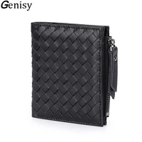 womens ultra thin mini wallet weave genuine leather minimalist design short money bag cowhide male card holders slim soft purse