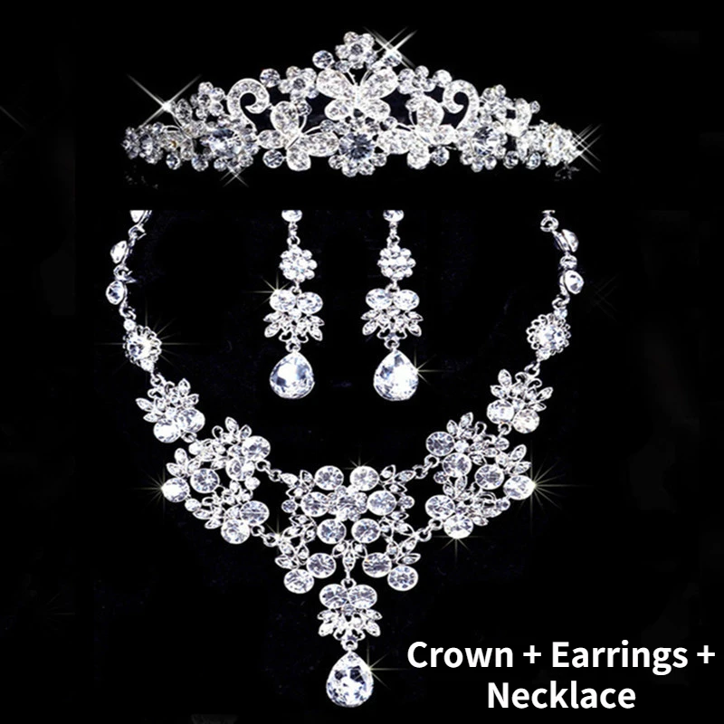 Nuovi Set di gioielli da donna collana di gioielli da sposa gioielli in stile coreano orecchini con corona in lega di strass Set di tre pezzi