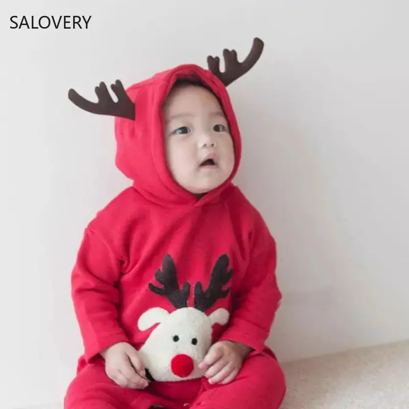 

2022 Christmas Newborn Clothes Autumn and Winter Baby Red Hooded Bodysuit Christmas Baby Creeper Cute Deer Embroidery Romper