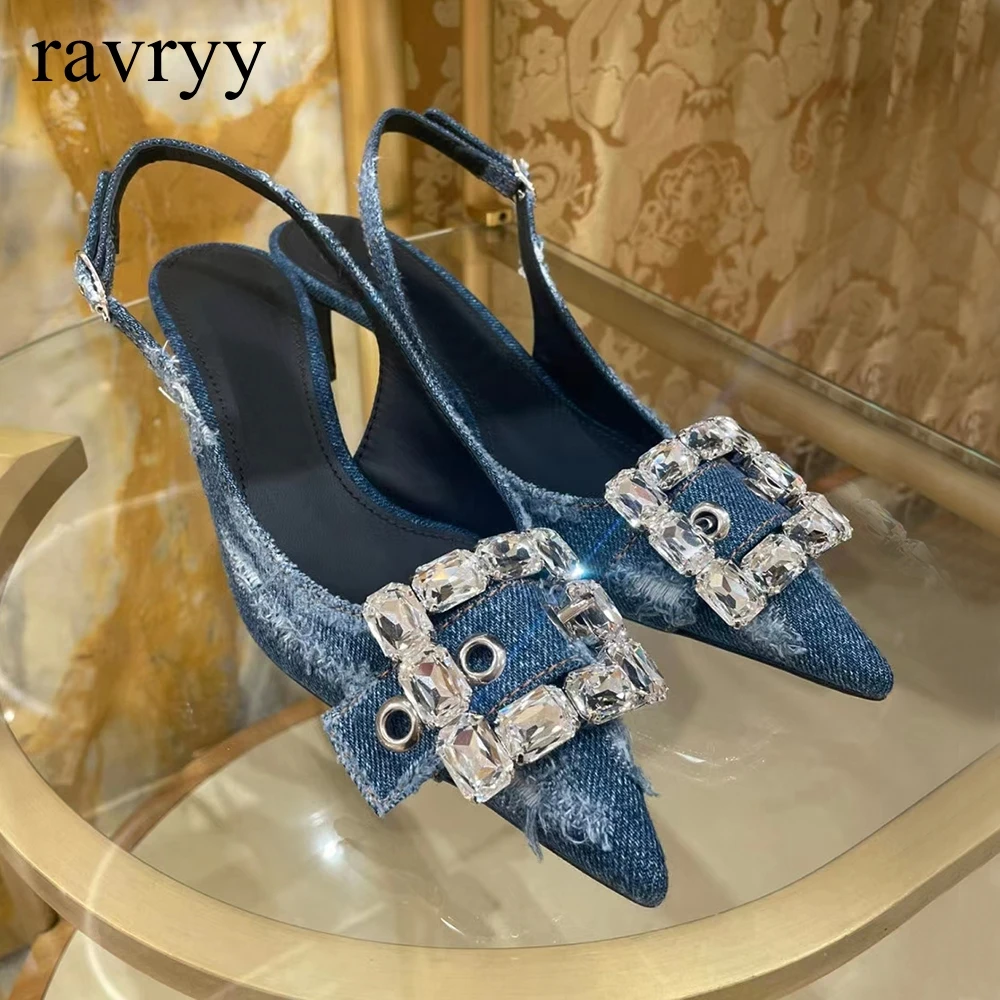 

Vintage Blue Thin High-Heel Sandals Pointed Stiletto Metal Buckle Denim Shoes Metal Back Empty Shoes For Women