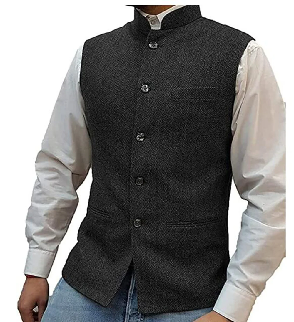 

Жилет мужской в елочку, твидовый Приталенный жилет с воротником-стойкой, повседневная одежда для джентльмена, свадьбы Вечерние, черный цвет