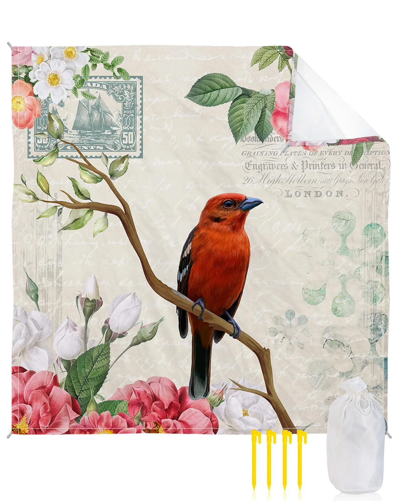 

Vintage Flowers And Birds Beach Mat Waterproof Portable Camping Outdoor Beach Blanket Picnic Mat
