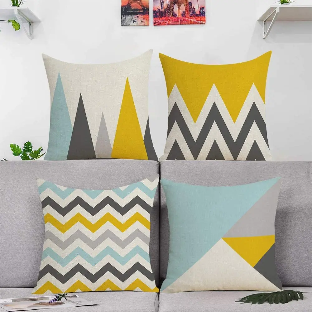 

Yellow Cyan Triangular Linen Cushion Cover for Car Living Room Sofa Bedroom Home Decor, 40x40 45x45 50x50 60x60 Pillowcase