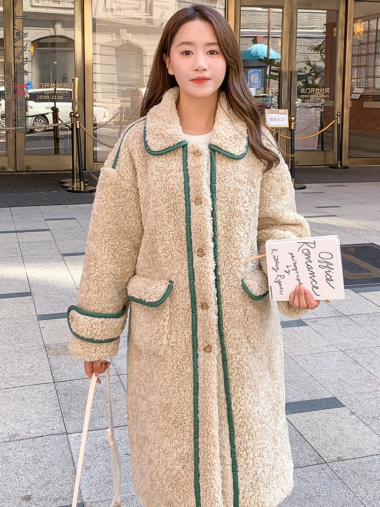 

LANMREM Thickened Lamb Wool Coat For Women Stitching Color Lapel Single Breasted Warm Overcoat 2022 Autumn Winter New 2R8820