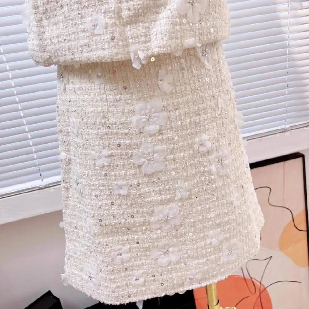 Женский твидовый костюм с блестками трикотажный трехмерный костюм-двойка и