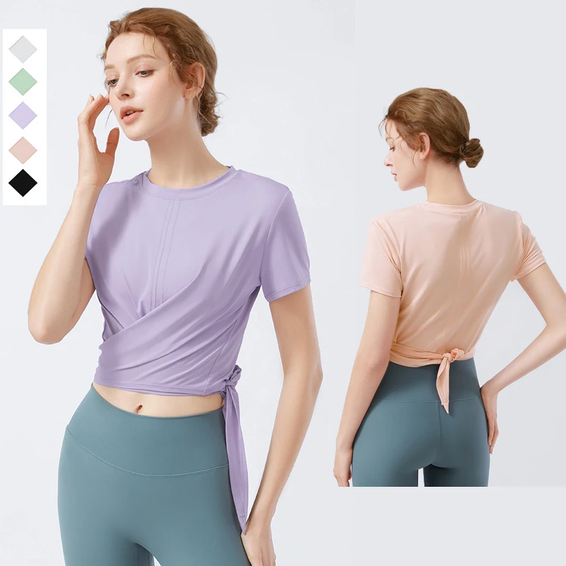 

Женская футболка с коротким рукавом для йоги, однотонный модный спортивный кроп-топ с круглым вырезом и ремешками для фитнеса, Женская дыша...