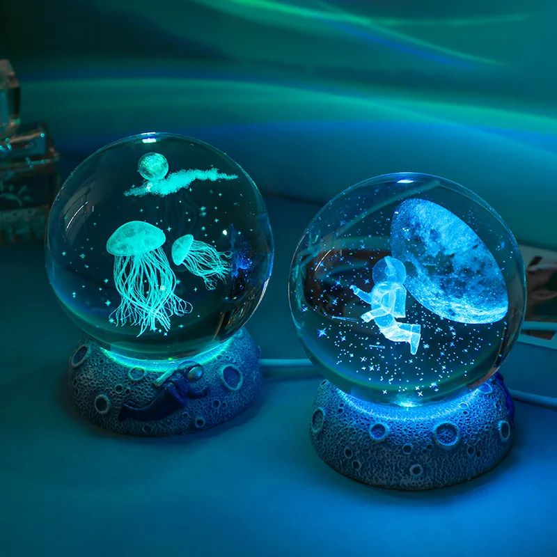 

6 CM Luminescent Glass Crystal Ornaments Resin Base 3D Inner Carving Marine Life Birthday Gift For Women Simple Home Decoration