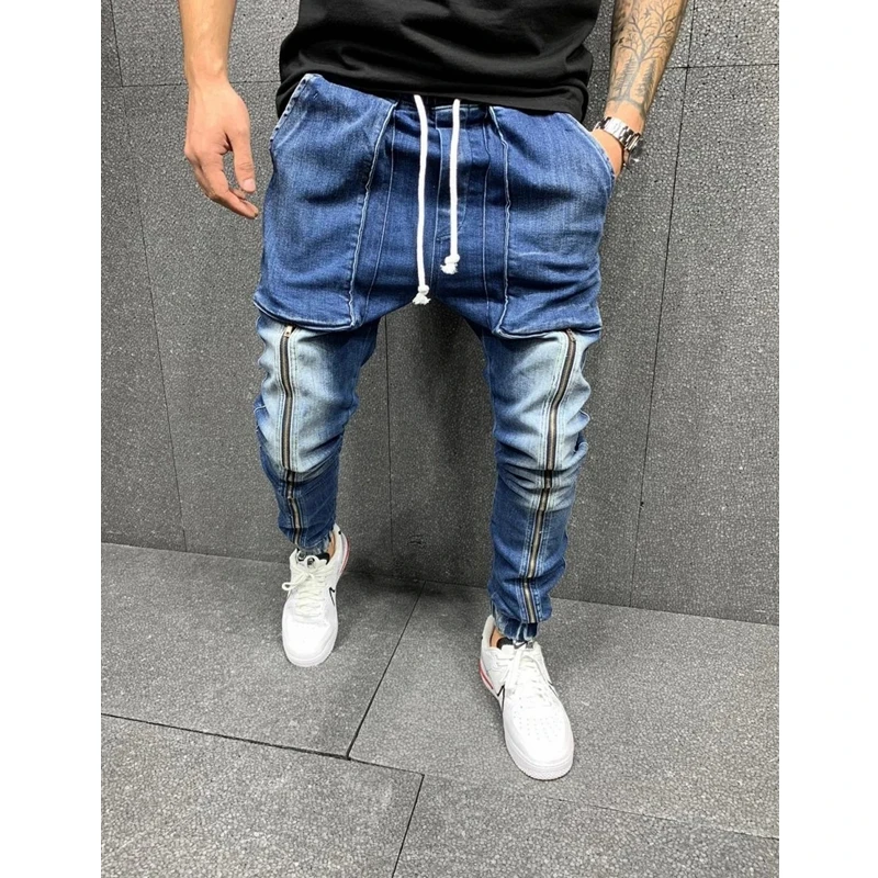 Streetwear Vintage Jeans Casual Loose Pockets Stitching Zipper Jeans Men Lace-up Mid-Waist Denim Pencil Pants Sports Jeans