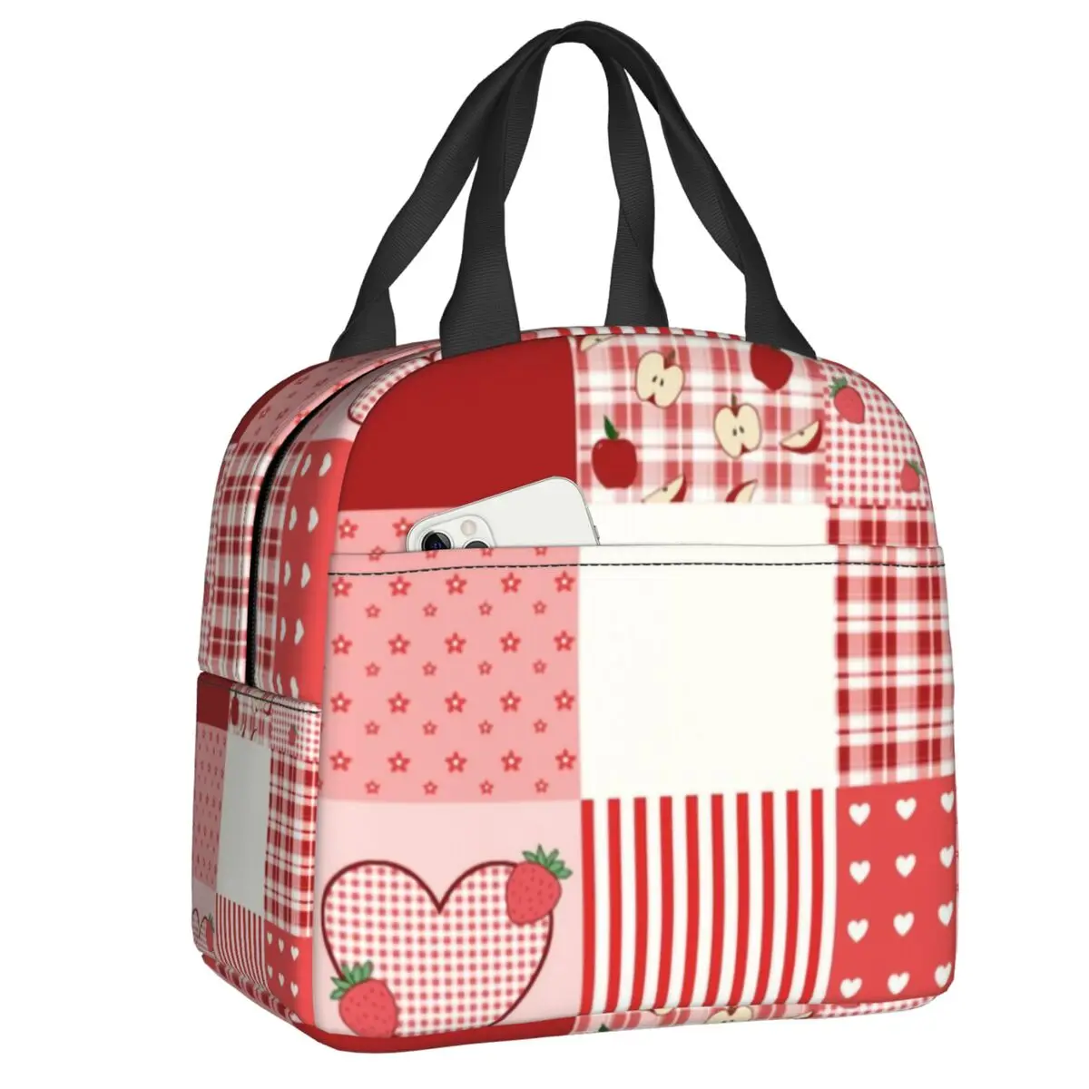 

Valentine's Red And White Patchwork Thermal Insulated Lunch Bag Women Strawberry Portable Lunch Tote Multifunction Food Box