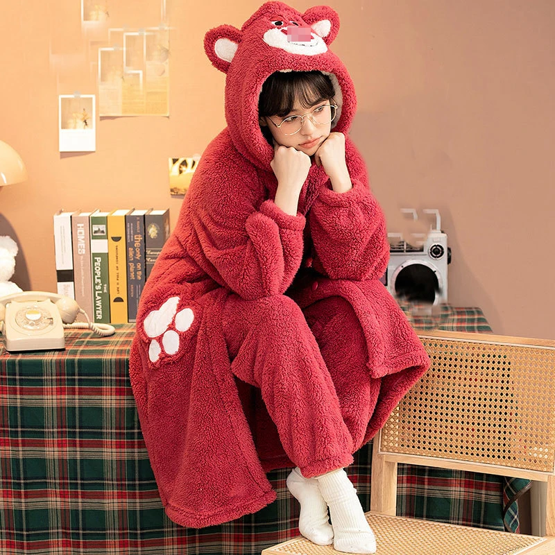 Winter Thick Hooded Flannel Animal Pajamas Sets Women Loose Long Sleeve Nightgown With Pants Cosplay Bear Cartoon Warm Nightwear