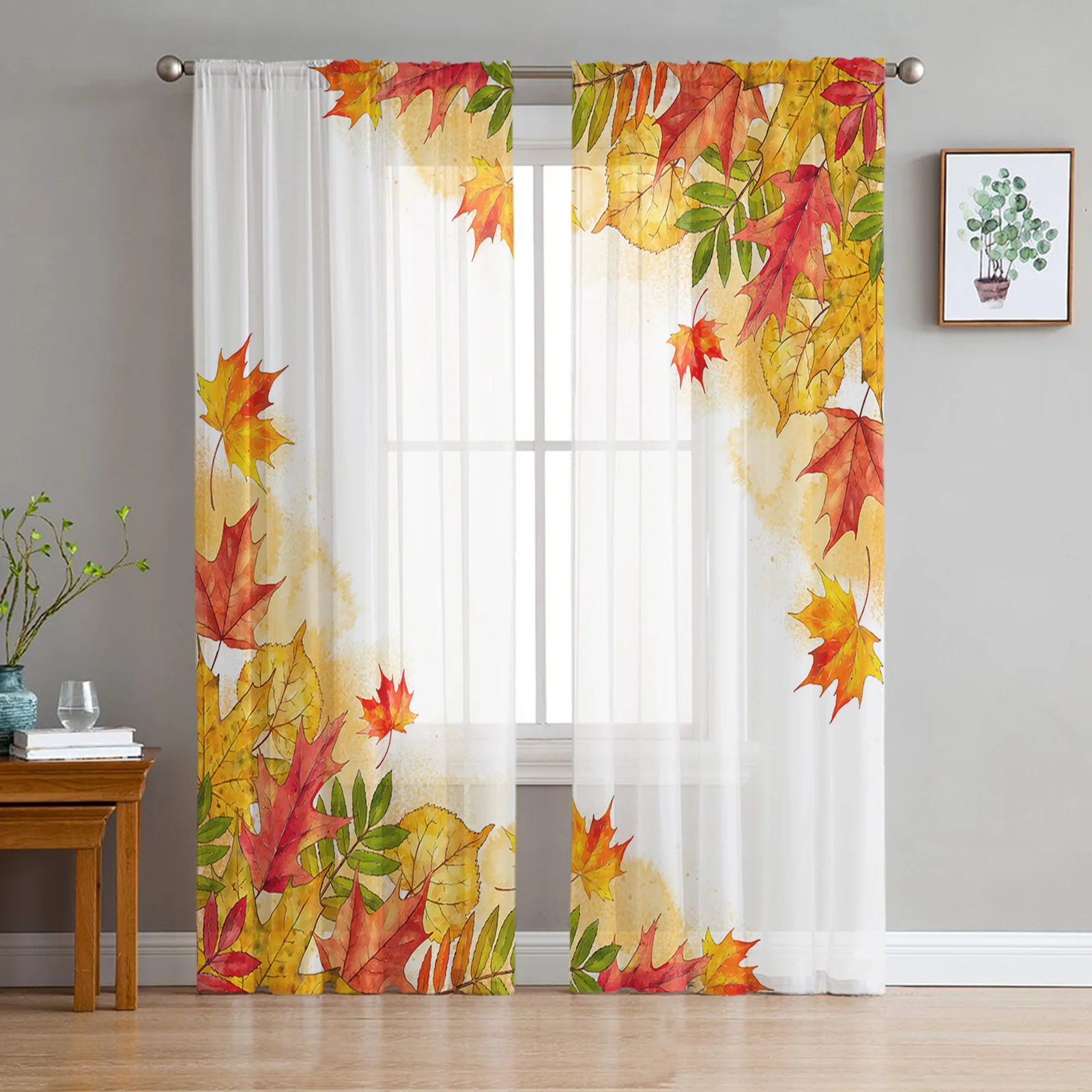 

Fall Orange Watercolor Maple Leaf Sheer Curtains for Living Room Bedroom Tulle Curtain for Kitchen Home Decor Window Drapes