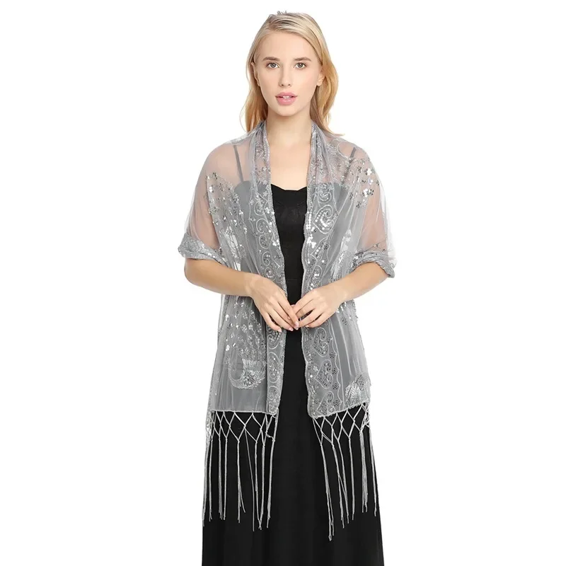 Весенне-осенняя шаль с блестками вышивкой павлина и кисточками вечернее платье