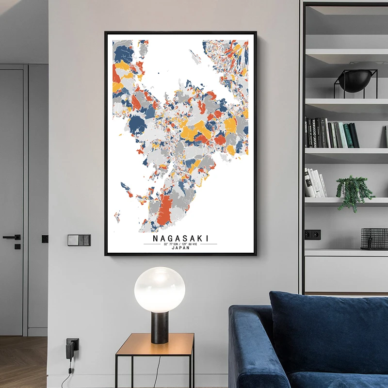 Nagasaki  Japan Colour World City Map Abstract Canvas Paintings Wall Art Print Poster Picture Home Decoration Living Room