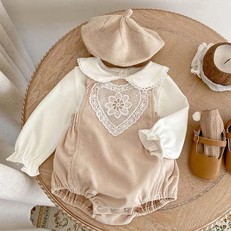 

Spring Cotton T-Shirt Rompers Suit for Baby Girls Corduroy Sling Jumpsuits Sweet Princess Pullover Overalls Kids Clothes 2Pcs