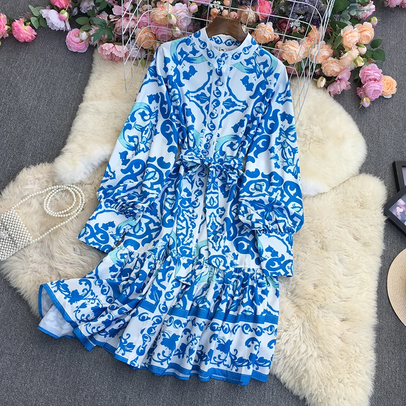 

SuperAen 2022 Spring Blue Printing STAND A-LINE Casual Knee-Length Dresses for Women